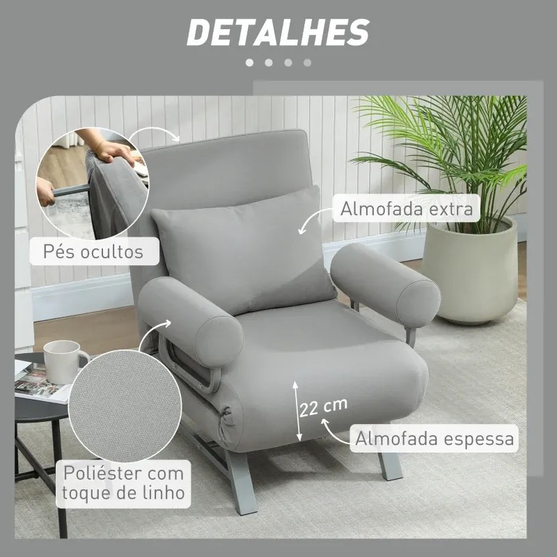 poltrona Sofá Cama Dobrável Estofado em Linho Sintético com Encosto Ajustável em 5 Níveis e Almofada Acolchoada 73x78x81 cm Cinzento Claro