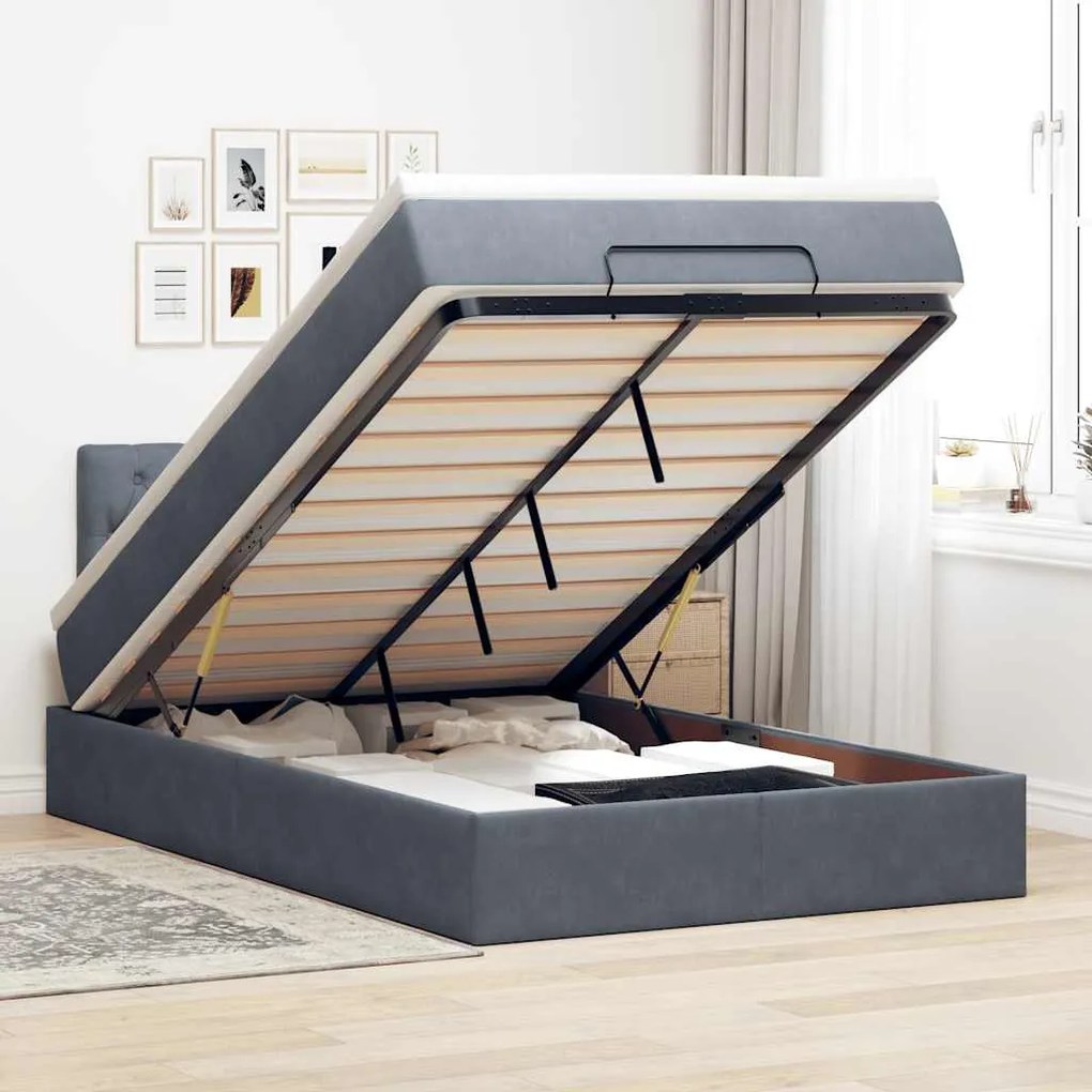 Cama otomana com colchão &amp; LEDs 120x190cm veludo cinza-escuro
