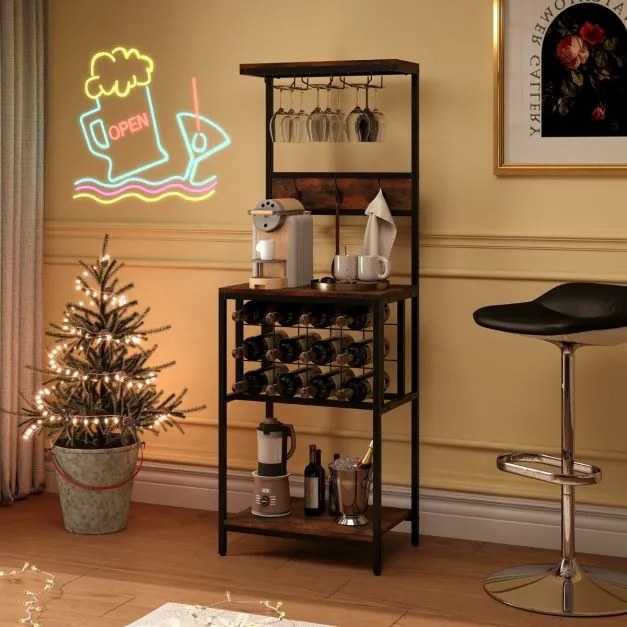 Garrafeira com suporte para copos de vinho, suporte para garrafas e ganchos 54 x 37 x 156 cm Castanho rústico