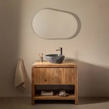 Conjunto De Móvel De Casa De Banho Em Madeira Vacry Castanho Acácia & Irregular Em Cimento Preto ↔︎40 Cm Fedro - Sklum