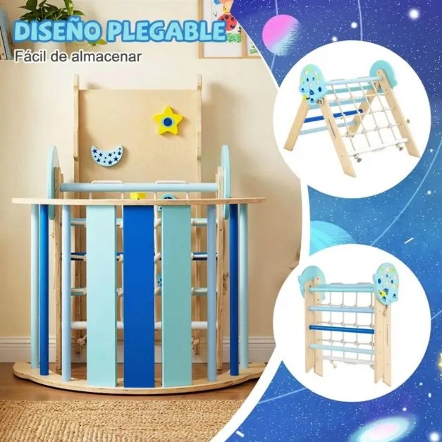 Conjunto de escalada triangular para crianças dobrável com arco, rampa e escalador, brinquedo de madeira para bebés, brinquedo Montessori azul