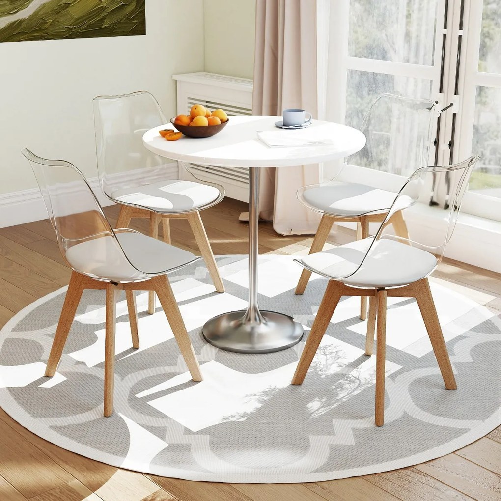 Conjunto de 4 cadeiras de jantar modernas (MESA NÃO INCLUIDA) sem braços com encosto Pernas em madeira de faia Almofada macia branca, cadeiras transpa