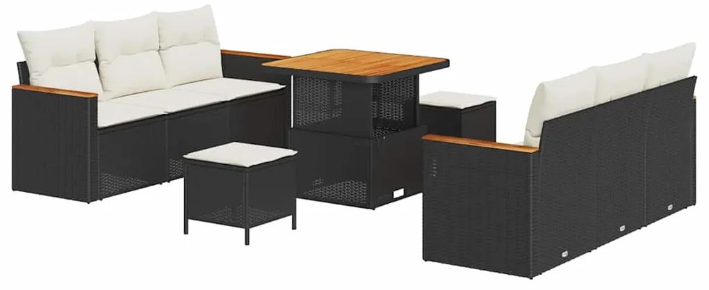 Sofá de Jardim com 9 Peças e Almofadas Pretas, em Rattan Sintético e A