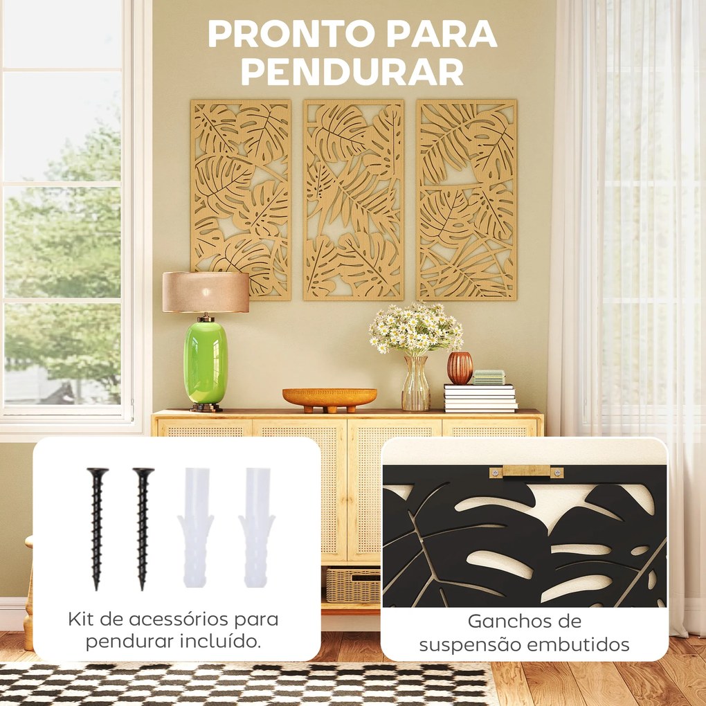 Decoração de Parede de Madeira 3D 3 Peças 40x80 cm Adornos com Padrão de Folhas Tropicais Madeira