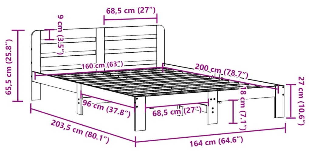 Cama sem colchão 160x200 cm madeira pinho maciço castanho-mel