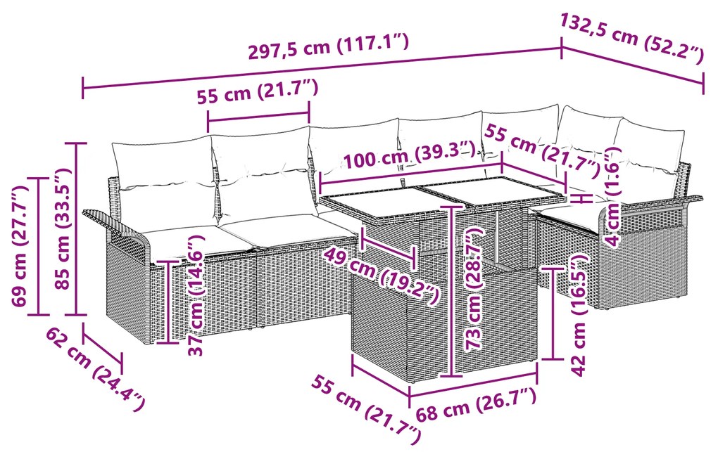 Conjunto de Sofás de Jardim vidaXL de 7 peças com Almofadas Preto de V