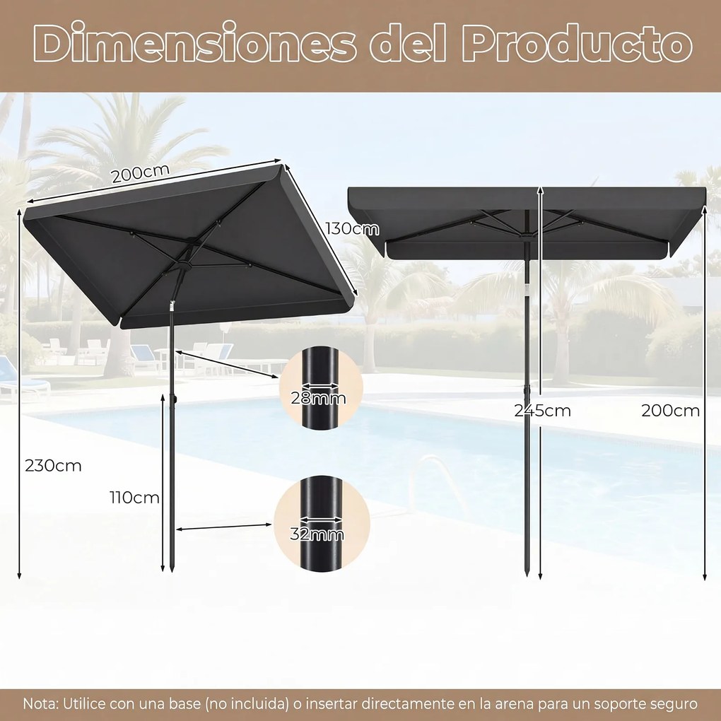 Guarda sol de Exterior Retangular, 200 x 130 cm (BASE NÃO INCLUIDA), Inclinação Bidirecional de 30°, Cinzento
