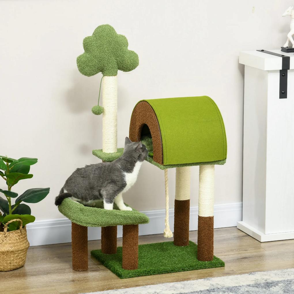 Arranhador para Gatos para Gatos com Caverna Cama Poste de Sisal Relva Artificial e Bola Suspensa 49x40x107 cm Verde