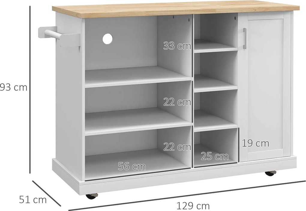 Mesa de apoio para ilha de cozinha com rodas 129 x 51 x 93 cm, 7 compartimentos, 1 armário, 1 porta, 1 porta para panos de cozinha, , em madeira e bra