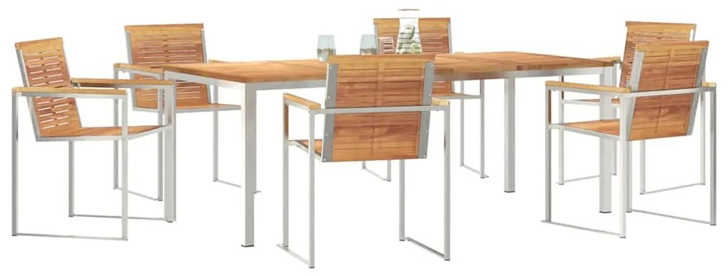 Conjunto de Jantar de Jardim 7 Peças em Madeira Sólida, Teak e Aço Ino
