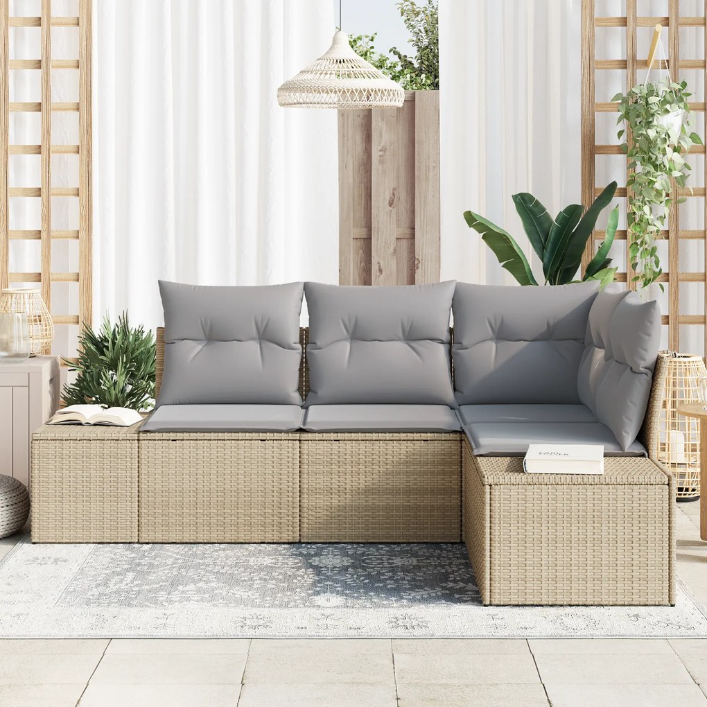 Conjunto de Sofá de Jardim de 4 Peças com Almofadas em Bege e Rattan P