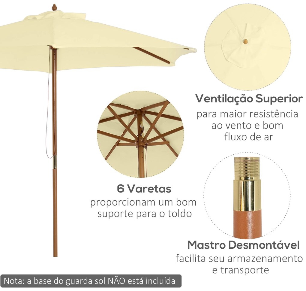 Chapéu de Sol Ø250x225cm Chapéu de Sol com Mastro de Madeira com 6 Has