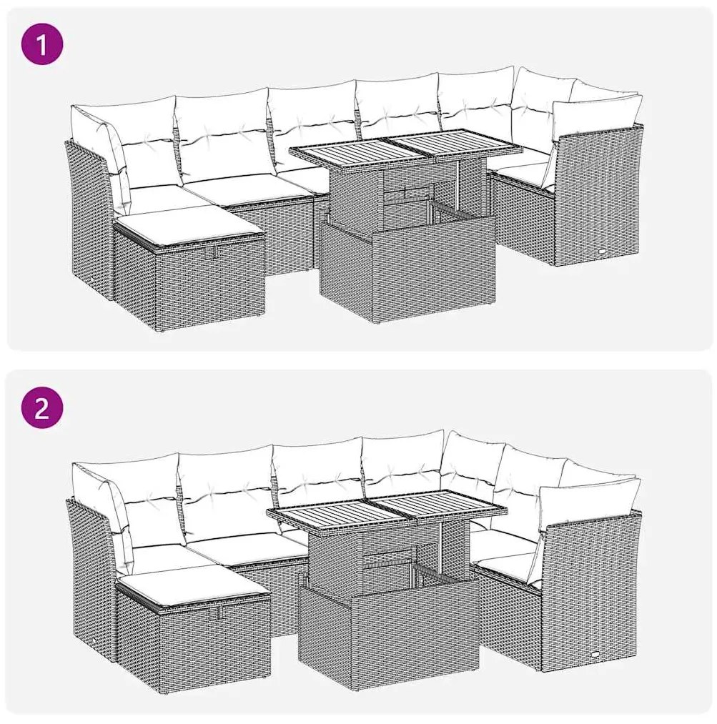 8 pcs conjunto sofás jardim com almofadões vime PE/acácia bege