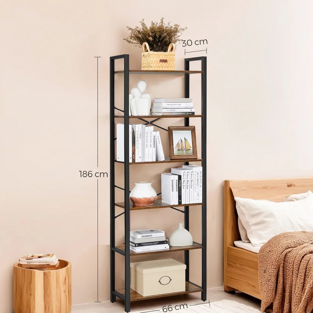 Estante de livros 30 x 66 x 186 cm com 6 prateleiras com estrutura de aço castanho-preto