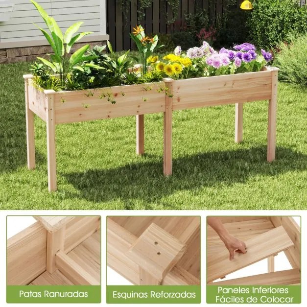 Floreira elevada com separador e 8 orifícios de drenagem para vegetais e flores para jardim ou terraço 184 x 58 x 77 cm Natural