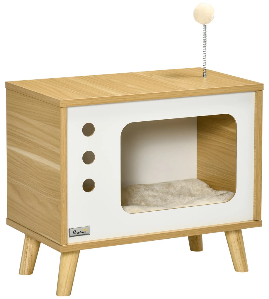 PawHut Mesa Auxiliar Cama Caverna para Gatos com Estilo Televisor Casa para Gatos com Almofada Suave Lavável Bola e Pés Elevados 50x28x43cm Carvalho