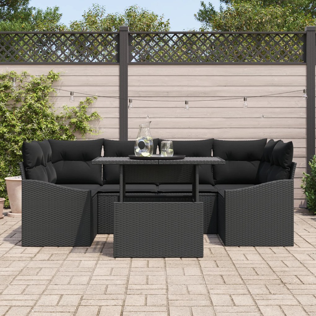 Conjunto de Sofá de Jardim 7 Peças com Almofadas Preto em Rattan Polié