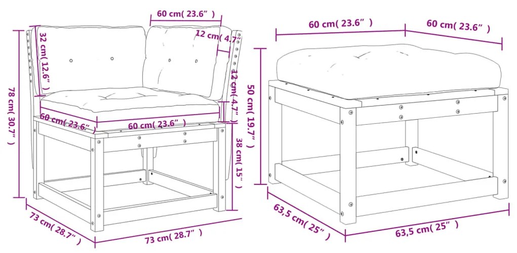 3 pcs conjunto sofás de jardim c/ almofadões pinho maciço