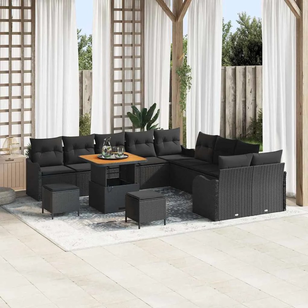 vidaXL Conjunto de Sofá de Jardim de 13 Peças com Almofadas - Preto Polirattan e Acácia