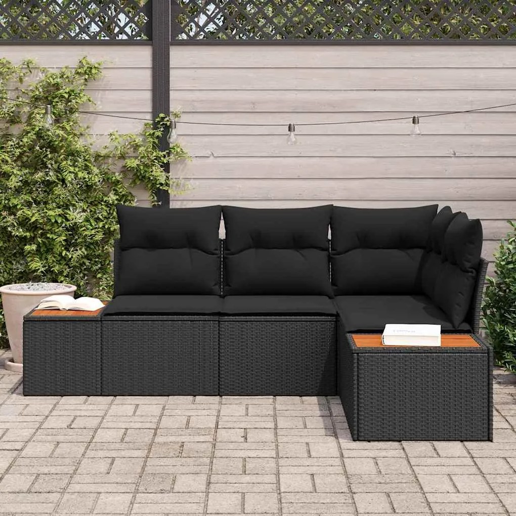Conjunto de Sofás de 4 Peças para Jardim com Almofadas Preto Rattan Po