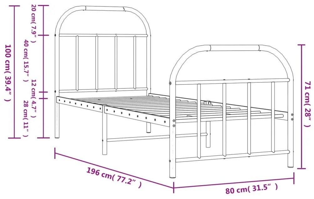 Estrutura de cama com cabeceira e pés 75x190 cm metal preto
