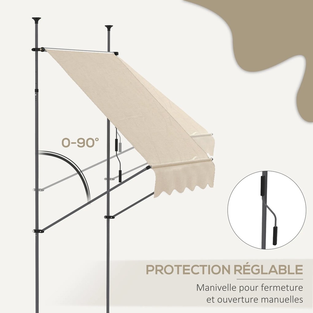 Toldo retrátil manual autoportante, 1,5 m (L) x 1,2 m (P) x 2,1-3 m (A), inclinação ajustável, metal, alumínio, poliéster, cor areia