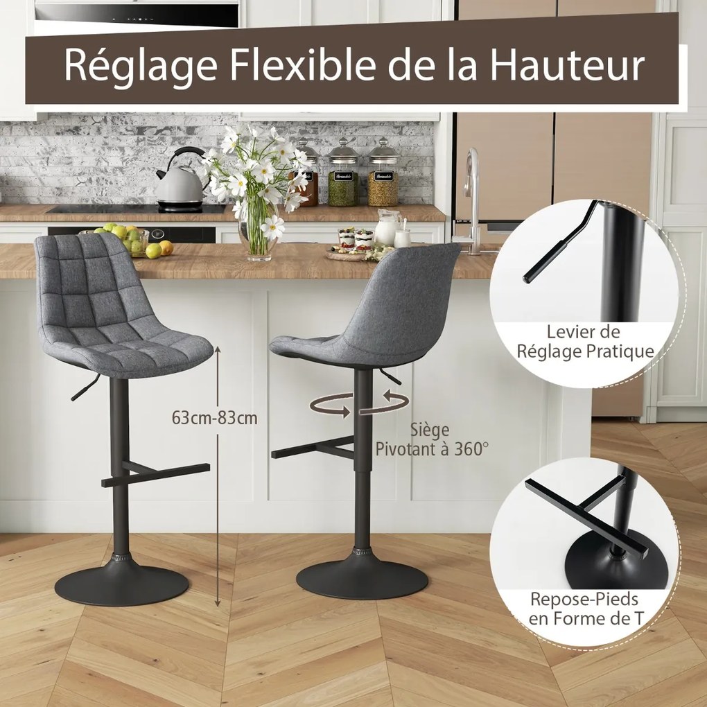 Conjunto de 2 bancos de bar com altura ajustável e base de metal antiderrapante - marrom