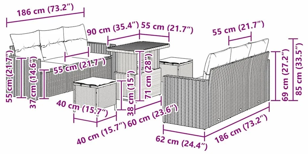 Conjunto de Sofá de Jardim de 9 Peças com Almofadas Pretas em Rattan S