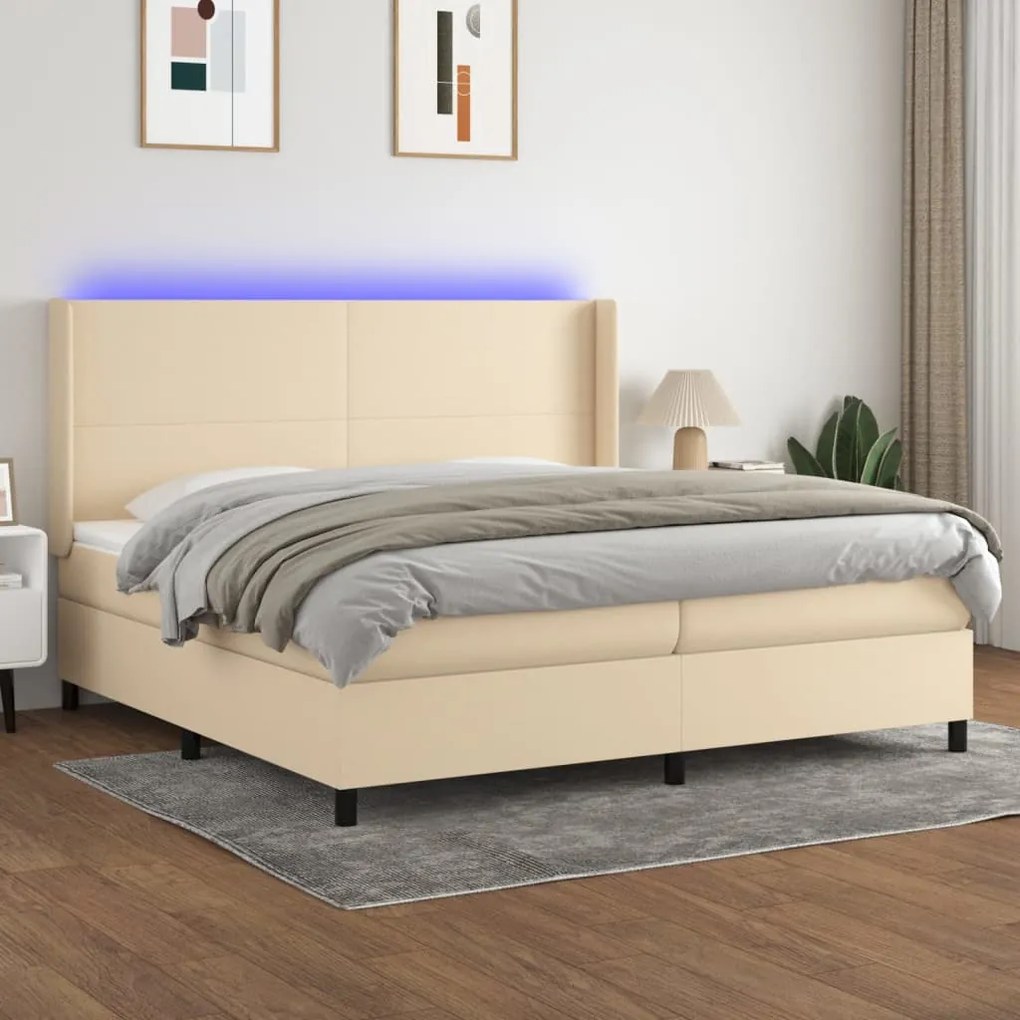 Cama box spring c/ colchão e LED 200x200 cm tecido cor creme