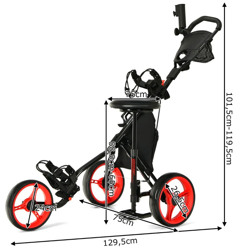 Carrinho de Golfe Dobrável com 3 Rodas Push or Pull Trolley Leve e com 4 Posições Ajustáveis em Altura Vermelha