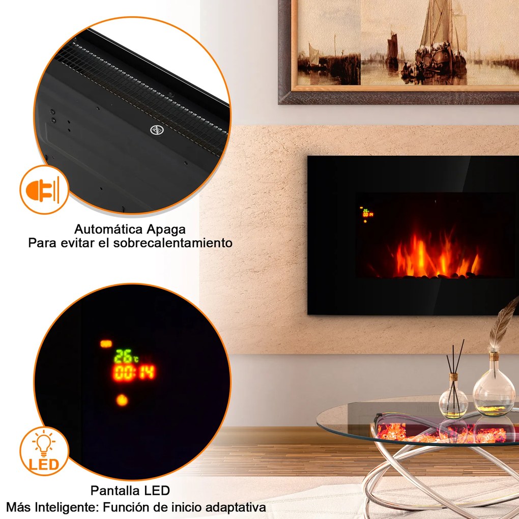 HomCom® Lareira Eléctrica de Parede 1000/2000W Comando a Distância 90x9,5x56 cm