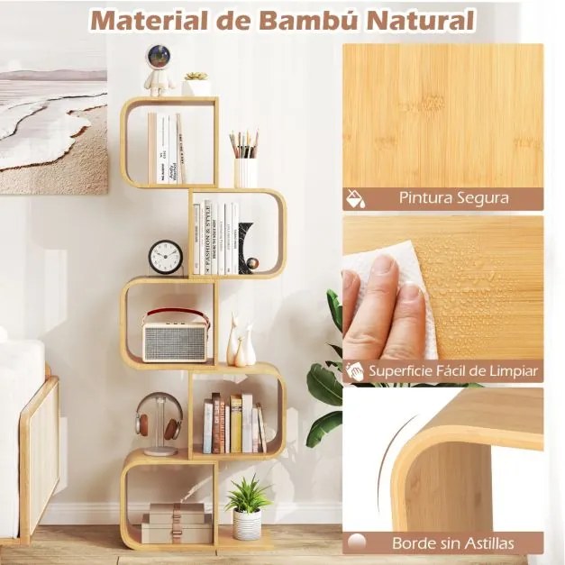 Estante em forma de S de bambu com 5 cubos abertos para sala, quarto, escritório 61 x 23 x 166 cm Natural