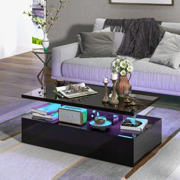 Mesa de centro LED de 2 níveis com cores de luz ajustáveis em formato retangular contemporâneo para sala de estar 110 x 60 x 40 cm Preto