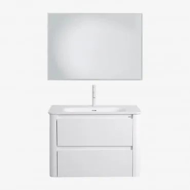 Conjunto De Móvel De Casa De Banho Em Madeira Com Lavatório Integrado Egerton Branco & Led Retangular E Anti-embaciamento 100x70 - Sklum