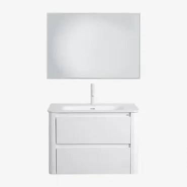 Conjunto De Móvel De Casa De Banho Suspenso 80x50 Cm Em Madeira Com Lavatório Integrado Egerton Branco & Led Retangular E Anti-embaciamento - Sklum