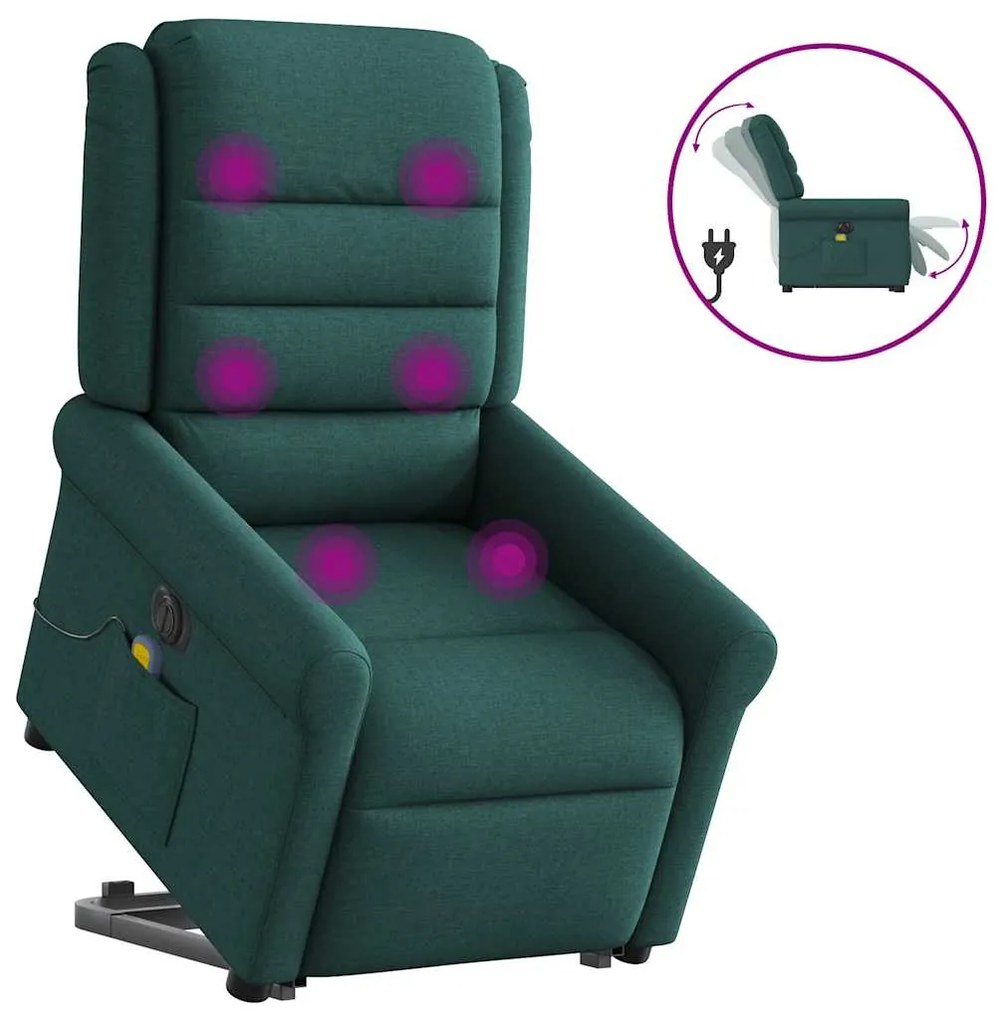 vidaXL Poltrona elétrica elevatória massagens tecido verde-escuro