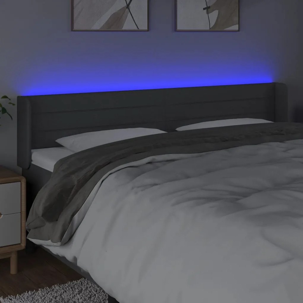 Cabeceira cama c/ luzes LED tecido 203x16x78/88cm cinza-escuro