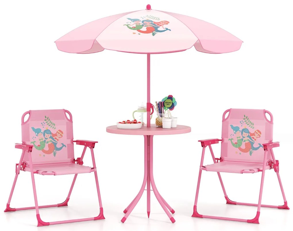 Conjunto de piquenique para crianças 3-6 anos Mesa de atividades ao ar livre com 2 cadeiras dobráveis e guarda-sol ajustável em altura Rosa