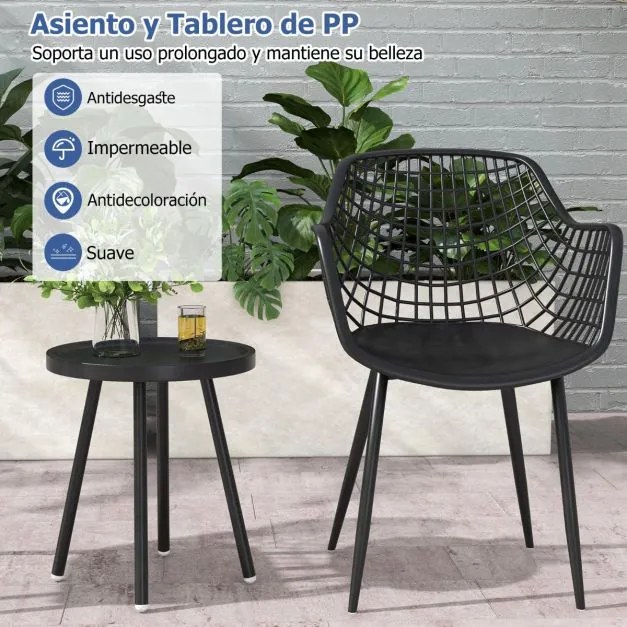 Conjunto de jardim de 3 peças 2 cadeiras Bistro e mesa de apoio PP Metal Stand Conjunto de mobiliário de exterior para interior Preto