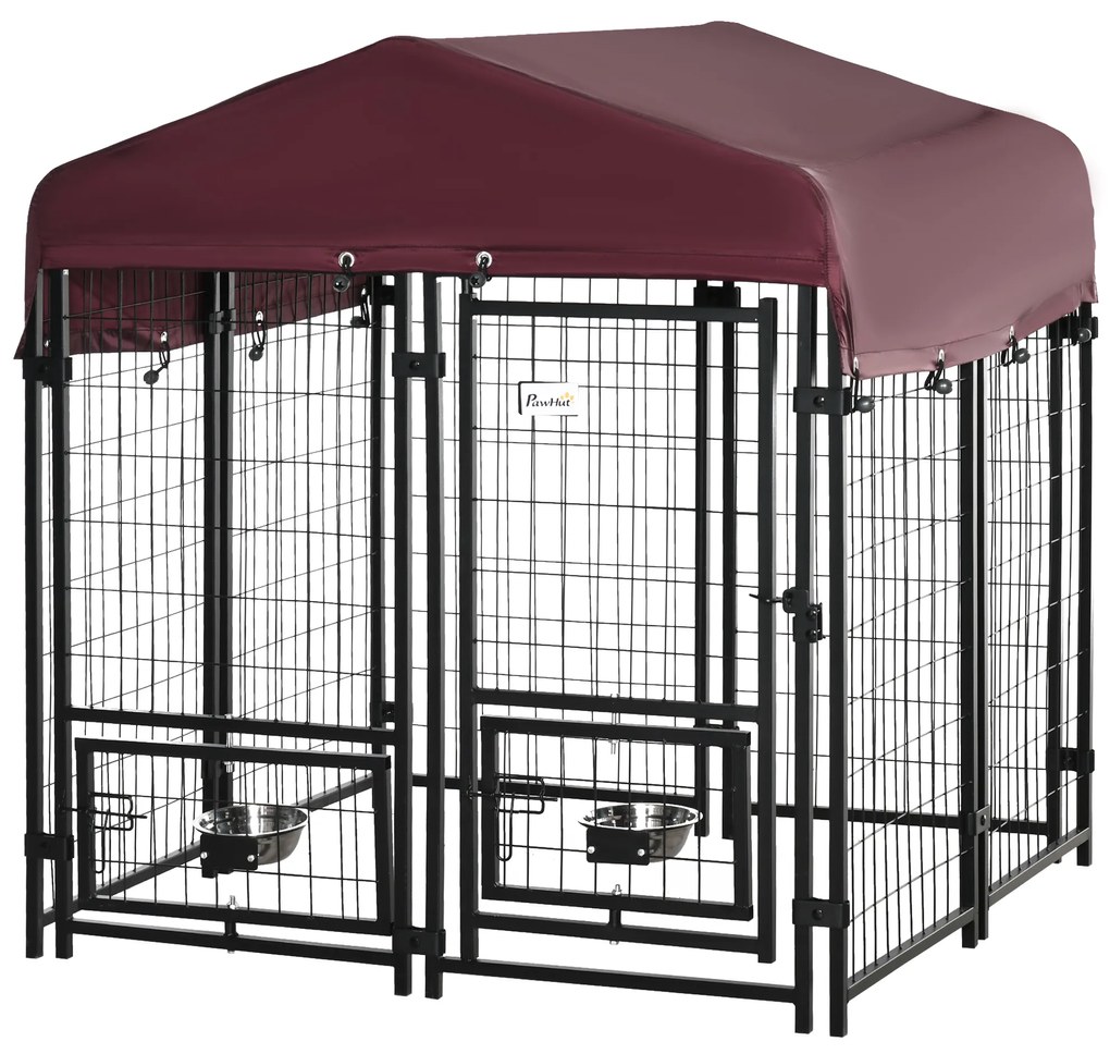 PawHut Parque para Animais de Estimação com Toldo de Tecido Oxford Gaiola para Cães 8 Painéis com 2 Comedouros 120x120x138cm Preto | Aosom Portugal