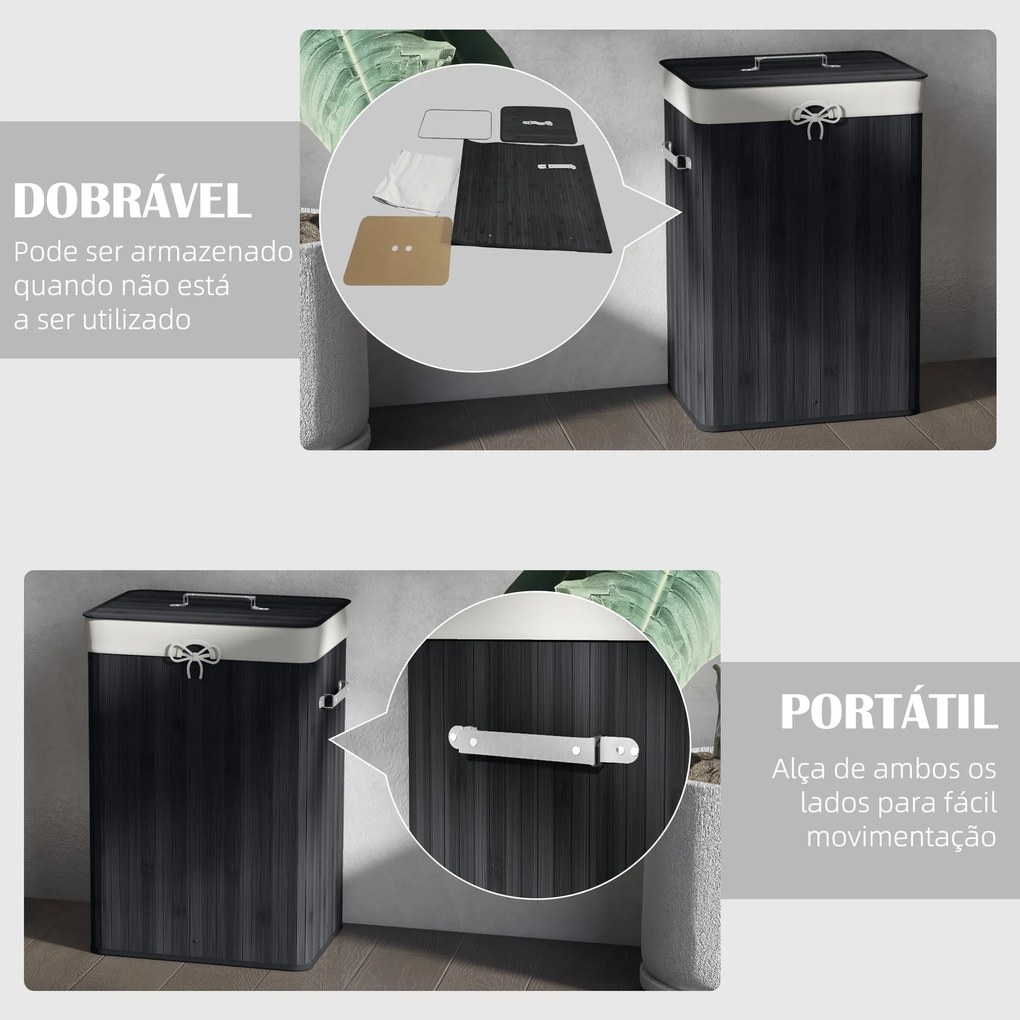 Cesto de Roupa de Bambu Dobrável Cesto para Roupa Suja com Tampa e Bol