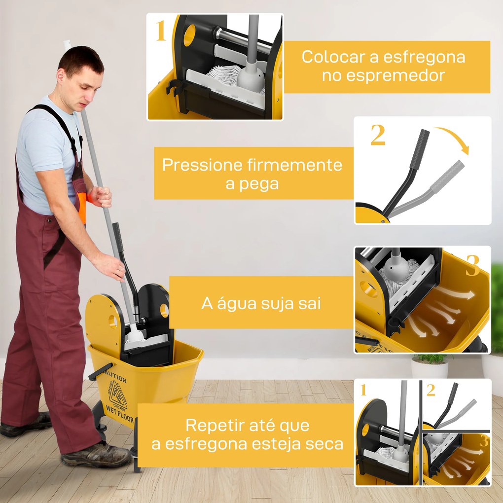 Balde de Esfregona com Rodas Espremedor Desmontável de Pressão para Baixo Capacidade 26 L Inclui Esfregona e Asa 45x31x90 cm  Amarelo
