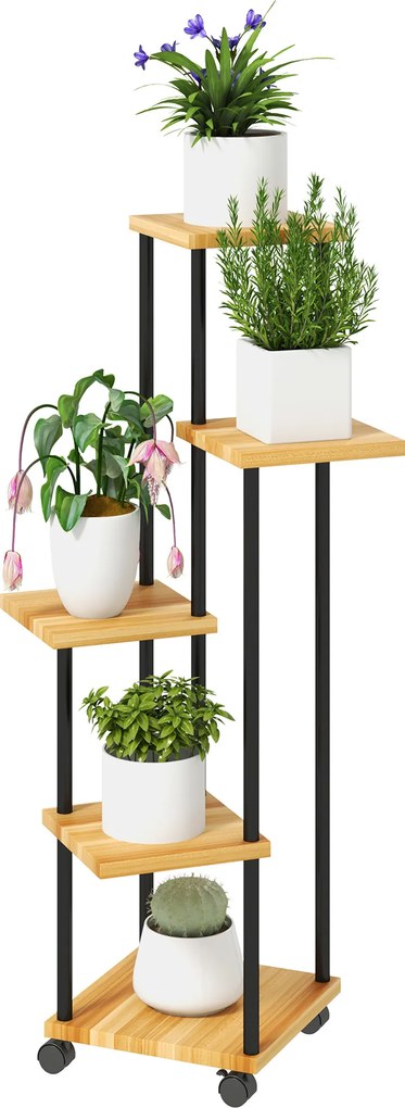 Suporte para plantas de 5 níveis para interior e exterior, prateleira para plantas com 4 rodas em aço e madeira natural
