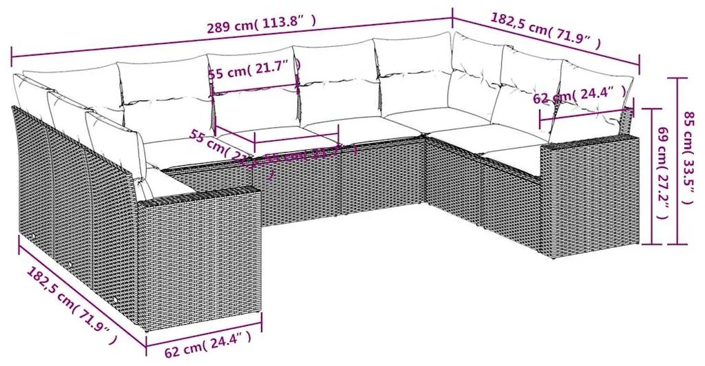 9 pcs conjunto sofás p/ jardim com almofadões vime PE cinzento