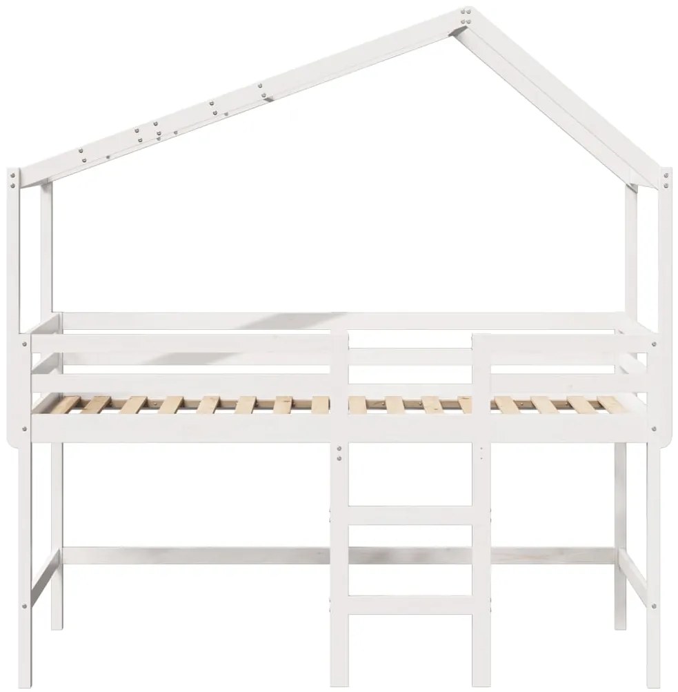 Cama alta c/ escada e telhado 90x200 cm pinho maciço branco