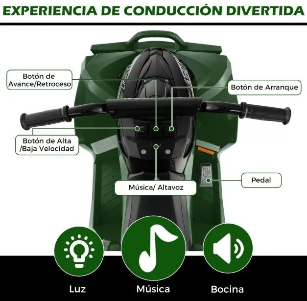 Moto 4 eléctrica para crianças com bateria de 12 V, velocidade alta/baixa, assento confortável, rodas largas, faróis, buzina, música Verde