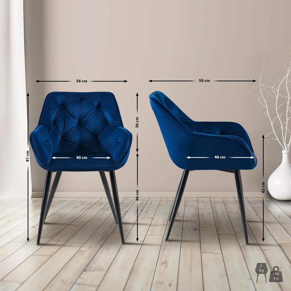 Cadeira de sala de jantar Cassis com estofo em veludo 81 x 56 x 58 cm Azul