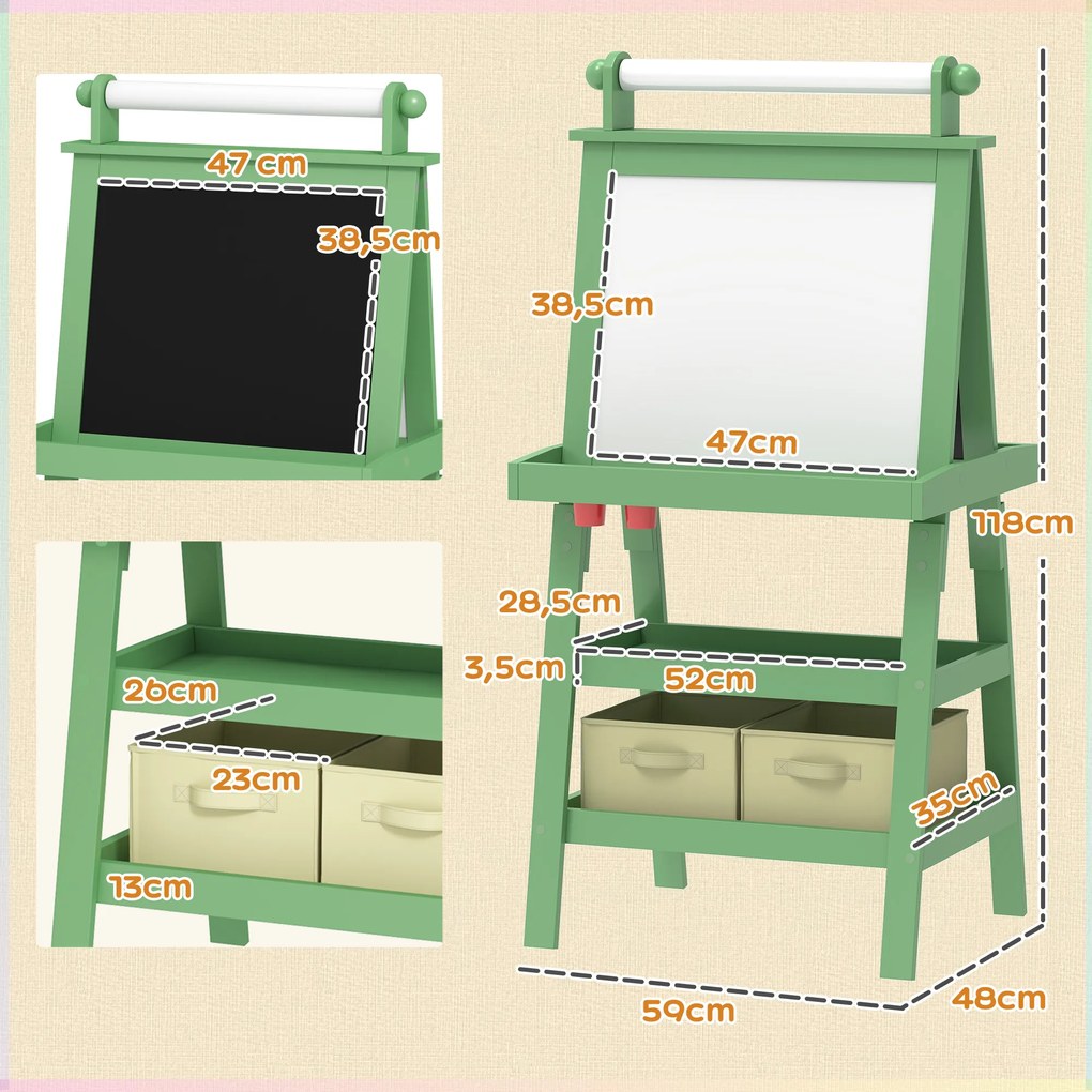Cavalete de Pintura Infantil 3 em 1 Quadro Dupla Face com Rolo de Papel e Cestos de Arrumação Verde