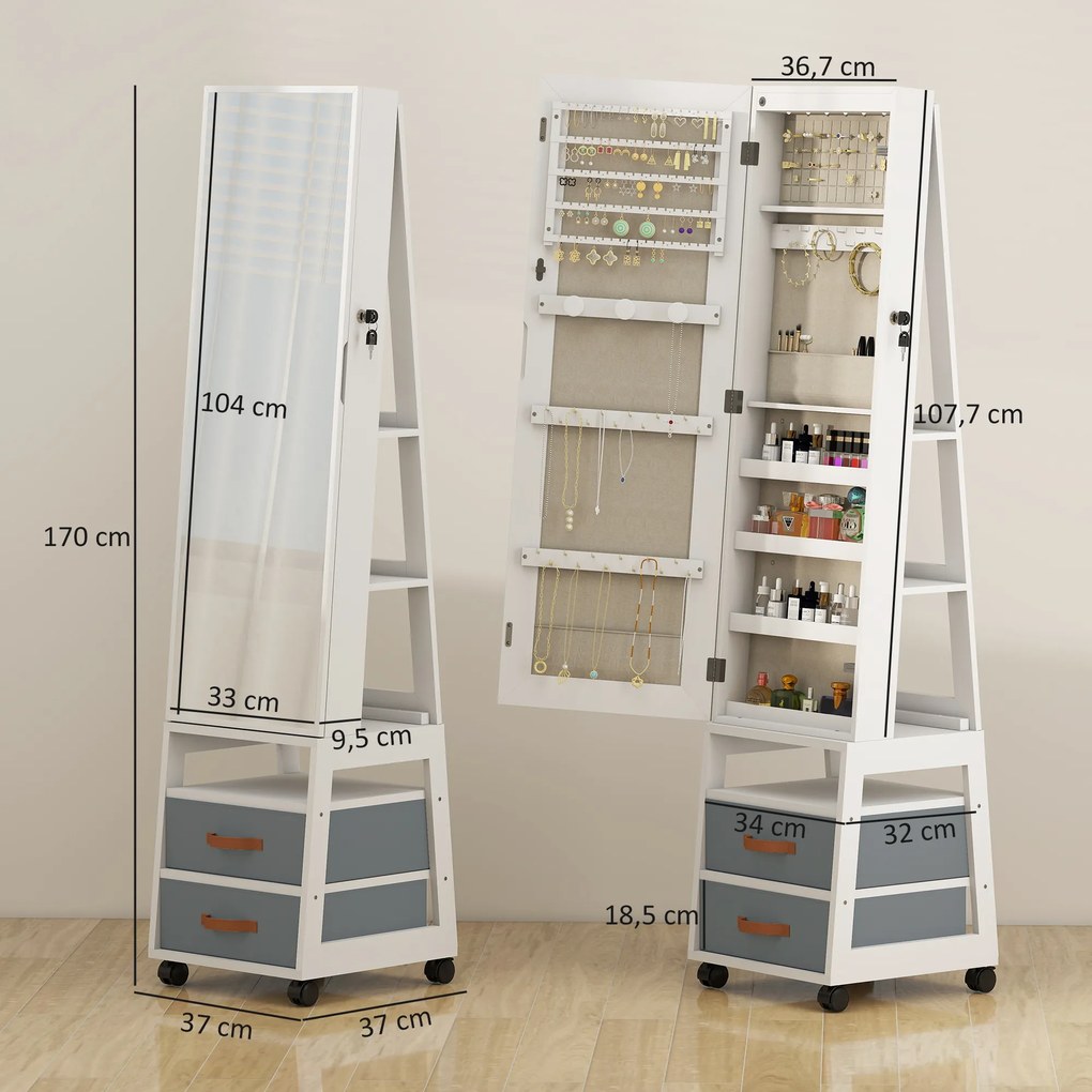 Espelho Armário de Jóias com Luzes LED Rodas Giratórias 360° Prateleiras Abertas Gavetas de Tecido Branco