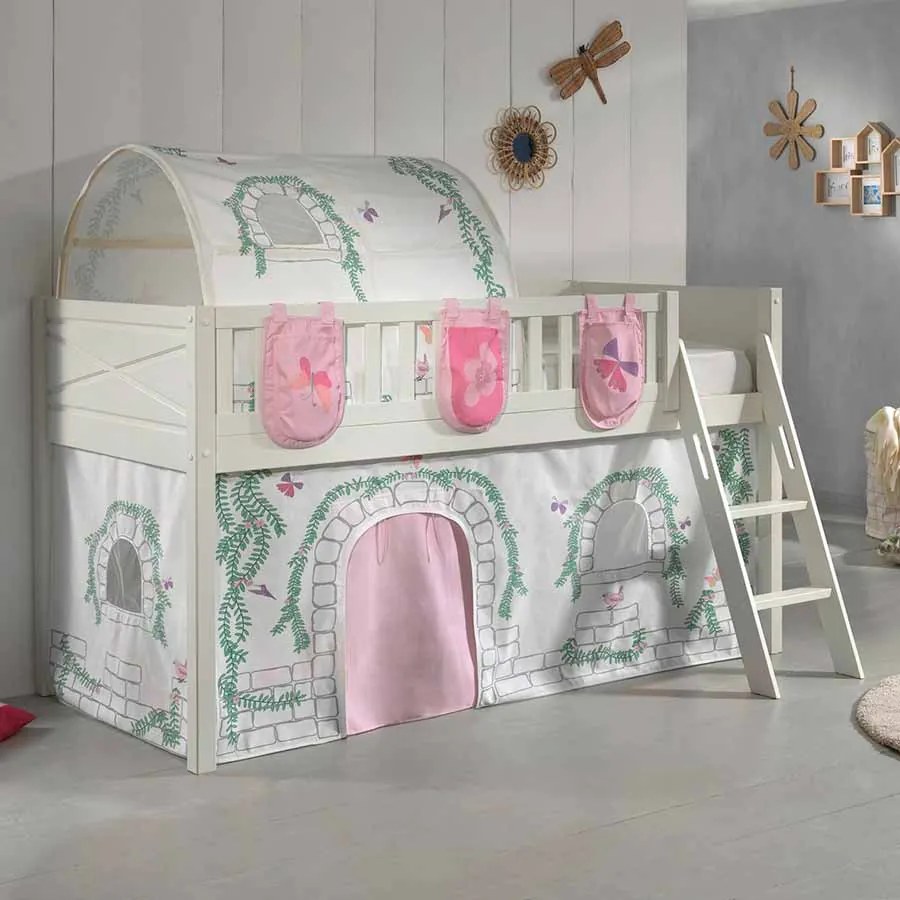 Conjunto cama alta Infantil SCOTT + cortina de brincar BIRDY + Túnel + 3 bolsos de arrumação Branca